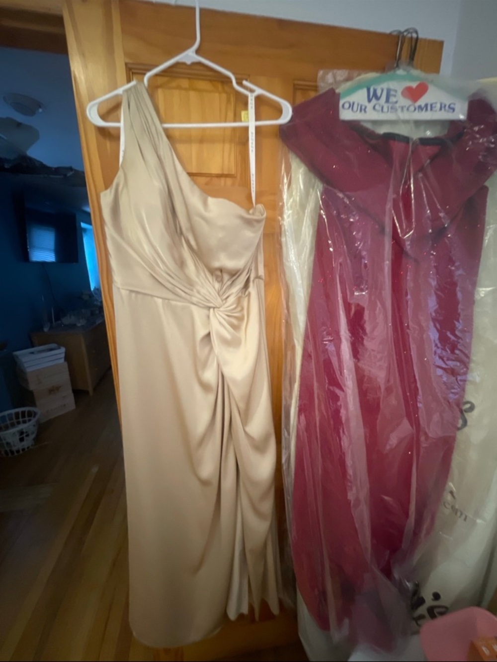 Azazie One-Shoulder Satin Gown in Champagne Gold